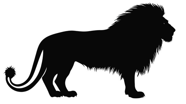 Lion silhouette stands in profile, showcasing the majestic mane and powerful feline body shape in a bold black graphic that represents strength, courage, and wild nature in a minimalist style.
