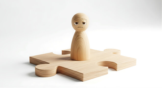Workplace burnout and corporate misfit concept with sad wooden figure on jigsaw puzzle piece featuring copy space for mental health blog banner