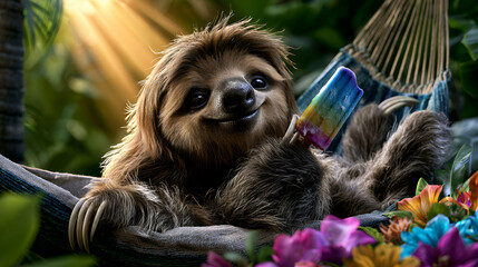 Fototapeta premium A sloth is lying comfortably in a hammock while holding a drink. Bright flowers are around it, and sunlight comes through the trees. The scene shows a warm, relaxed atmosphere.