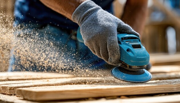 Gloved hand uses power sander on wooden planks, creating sawdust