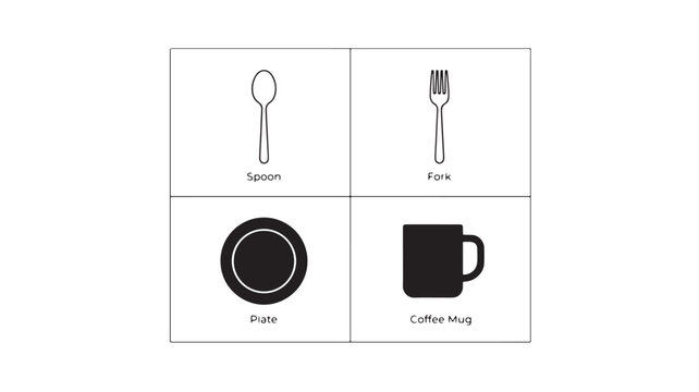 Black and white kitchen utensils and dishware set on white background for food and dining concepts