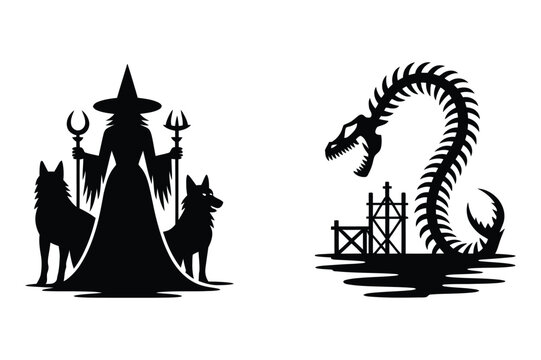 Mystical witch with wolves and large skeletal sea serpent silhouette vector set