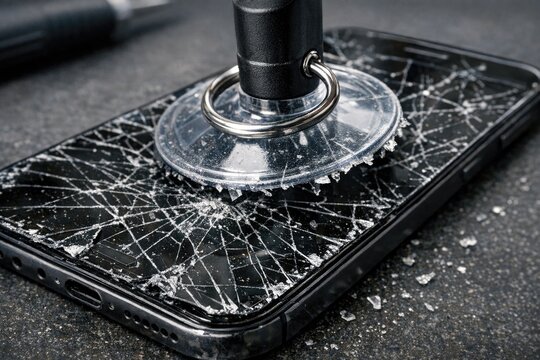 A discarded cell phone sits atop a table, with a cracked screen and a tangled cord