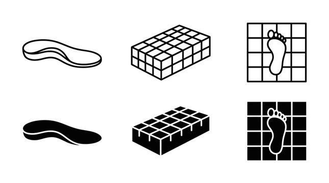 Footwear comfort technology icons featuring orthopedic insoles and pressure mapping analysis grid footwear orthopedic
