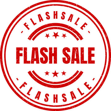 Round red grunge rubber stamp icon featuring bold text for a dynamic retail flash sale event