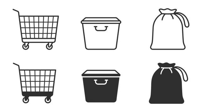 Retail and warehouse logistics icon set featuring shopping cart storage bin and heavy duty sack shopping warehouse