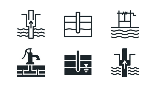 Water extraction and well pumping system icon set with extraction drilling groundwater borehole irrigation plumbing