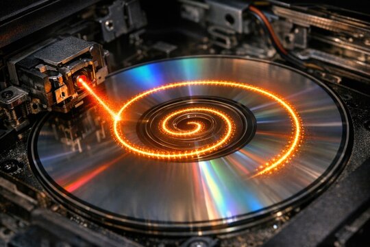 A close-up shot of a CD spinning as it turns on, with the reflective surface and laser eye visible