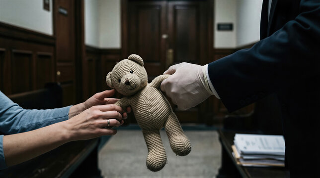 Social worker in glove taking teddy bear from woman in courtroom. Child removal during custody battle. Dysfunctional family conflict, legal protection, and separation emotion issue.