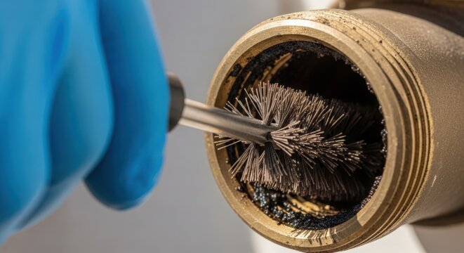 Cleaning brass fittings with wire brush and protective gloves for maintenance of plumbing systems. Careful cleaning of brass components ensures long-lasting functionality and reliability in plumbing.