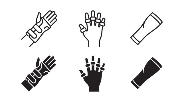 Medical equipment and orthopedic support icons featuring wrist brace hand splint and protective compression sleeve