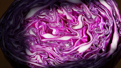 Obraz premium Top down macro shot of sliced red cabbage showing concentric purple circles and dense interior texture with plant based vegetable concentric abstract nutrition vegetarian ingredient
