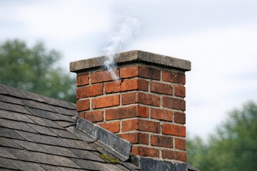 Obraz premium A brick chimney with smoke billowing out of it, suitable for use in images about homes, architecture, or outdoor scenes