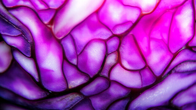 Abstract macro texture of purple cabbage leaves showing intricate organic patterns and bright veins with vegetable abstract close-up background nutrition botanical structure agriculture