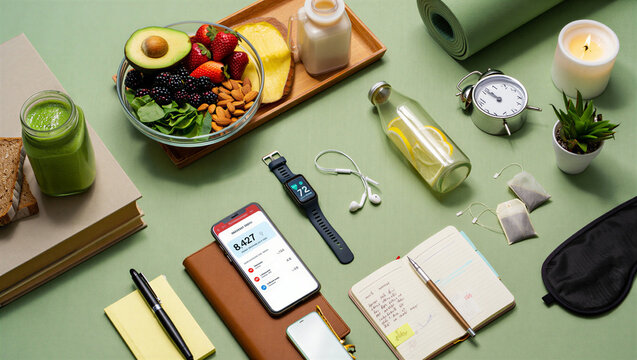 Flatlay of healthy lifestyle items for wellness tracking with wellness lifestyle tracking nutrition planning organized smartwatch succulent motivation monitoring exercise mindfulness