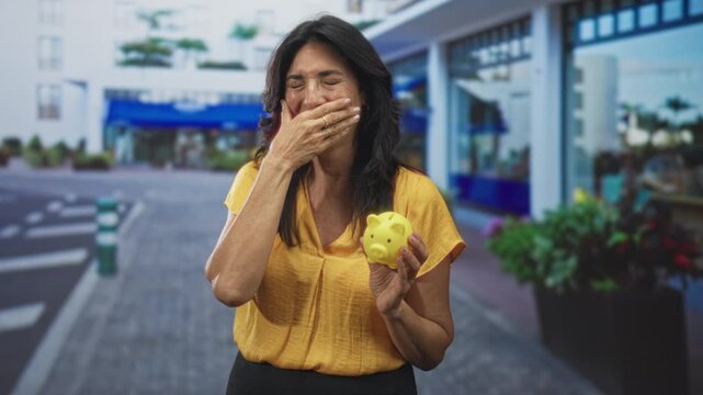 Middle age hispanic woman holding yellow piggy bank, hand covering mouth gesture on a street with storefronts; financial anxiety.