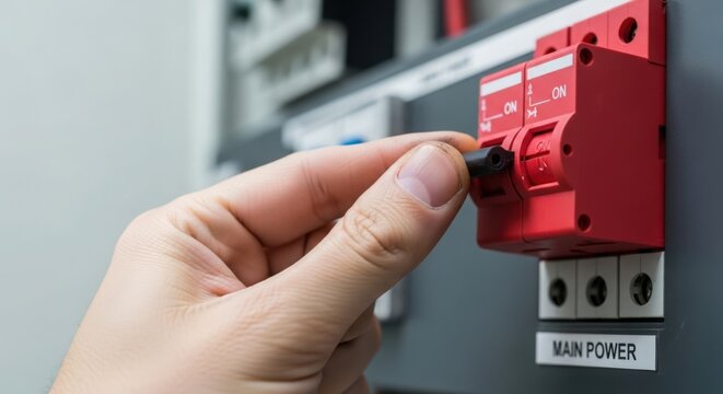 Hand operating power switch on electrical panel for control of main power supply, ensuring safe operation of electrical systems.