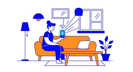 Fototapeta premium A woman sitting on a couch in a living room controlling smart home devices with her smartphone.
