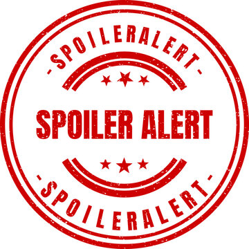 Vintage style red round stamp with spoiler alert text and star accents for movie discussion