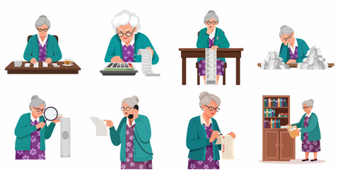 Fototapeta premium Senior woman managing household finances, calculating bills, and handling paperwork stress character set