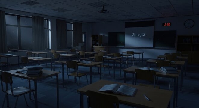 Empty classroom interior illuminated by a projector screen displaying a complex equation during nighttime hours