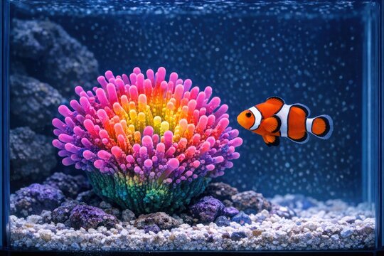 Two colorful clown fish swimming together in an aquarium