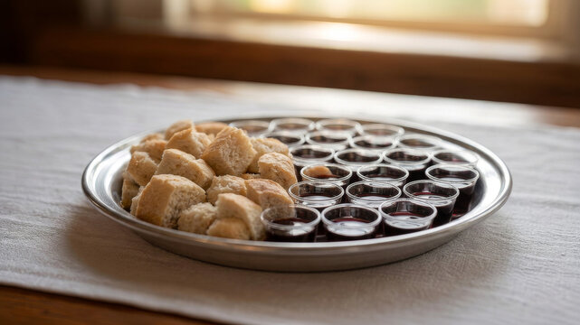 Holy communion tray with bread pieces and wine cups.