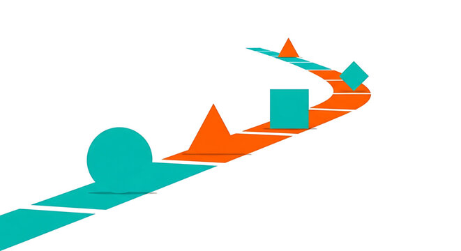 A vibrant vector graphic illustrating a stylized pathway of progress with geometric shapes in orange and teal colors