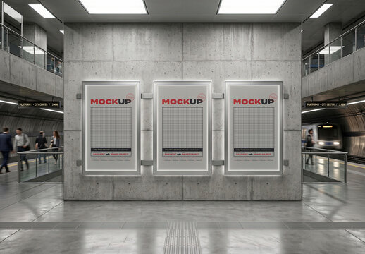 Signs on Subway Train Station Underground Mockup
