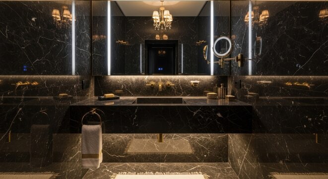 Luxurious bathroom vanity area showcases dark marble surfaces and warm accent lighting