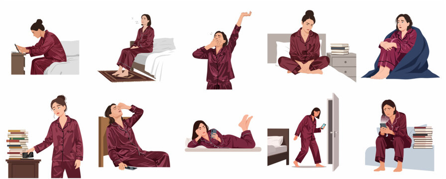 Vector Illustration Set of Women in Silk Pajamas Experiencing Insomnia, Morning Fatigue, Sleep Deprivation, and Daily Bedroom Routines