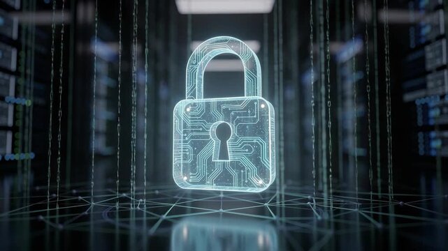 Glowing digital padlock inside server room with falling code creating cybersecurity protection scene data privacy network safety encryption secure access cloud storage modern technology defense system