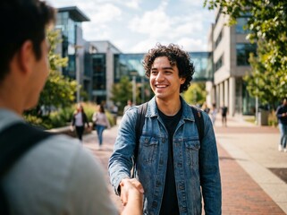 Fototapeta premium Happy student smiling while shaking hand with a person on campus
