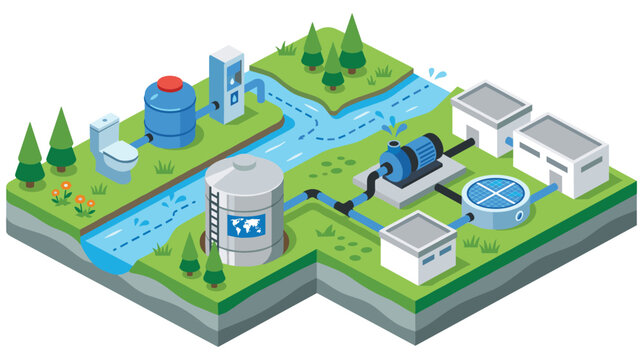 Isometric view of water treatment plant and city supply.