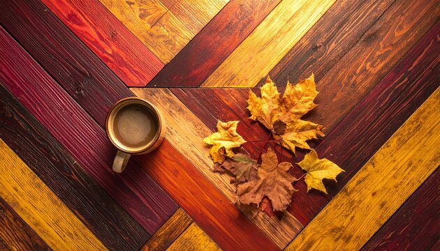 A cozy autumn flat lay featuring a warm coffee mug and dry maple leaves on a vibrant, colorful chevron wooden background, perfect for seasonal marketing and lifestyle content.