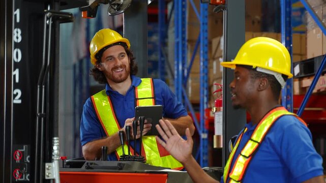 Quality control, discussion and people in warehouse with tablet, coordination and distribution. Logistics, manager and checklist in storage facility with delivery, export or shipping in supply chain