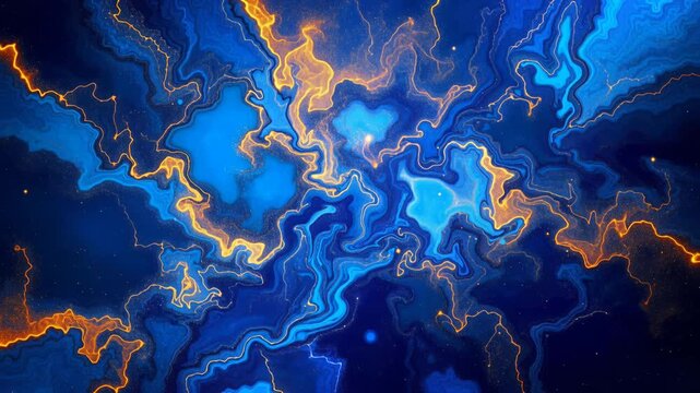 Swirling blue and gold liquid ink creating an elegant and dynamic abstract marbling effect