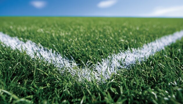 Lush green grass field with a white line marking the corner of a sports arena
