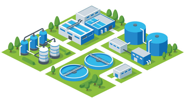 Isometric view of water treatment plant facility layout.