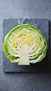 Cut head of green cabbage on a rustic slate board with salt seasoning vegetable seasoning nutrition ingredient agriculture culinary vegetarian brassica wholesome superfood detailed