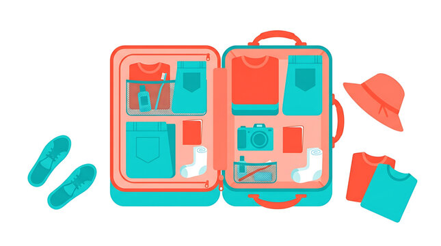 A colorful illustration of an open suitcase packed with clothing and travel accessories