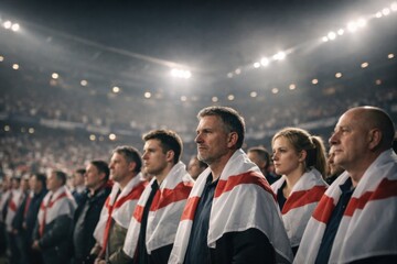 Fototapeta premium England Fans Standing With England Flags During Stadium Anthem, Proud England Supporters Watching Match Together Under Bright Arena Lights. Football Fans. Soccer, Football World Cup Concept.
