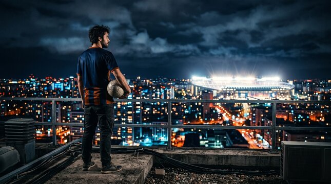 Solo soccer player standing on high rooftop overlooking glowing city stadium at night.
