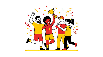Fototapeta premium A vibrant illustration of four friends celebrating with a trophy in a colorful and lively scene
