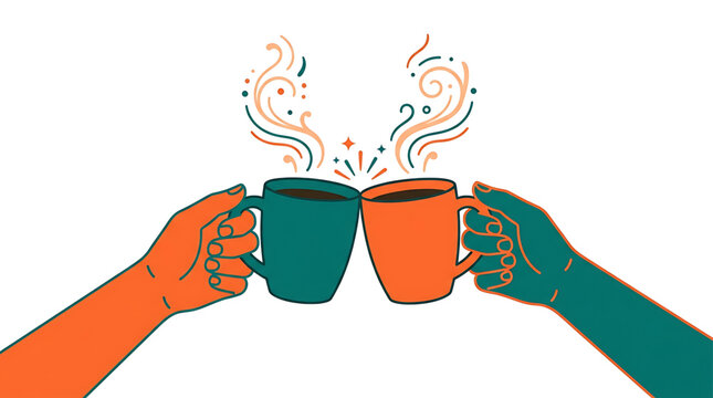 A colorful vector illustration of two hands clinking coffee cups together in a toast