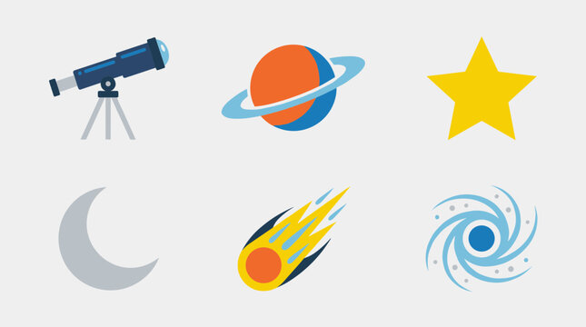 Collection of space and astronomy icons including a telescope planet star moon comet and galaxy
