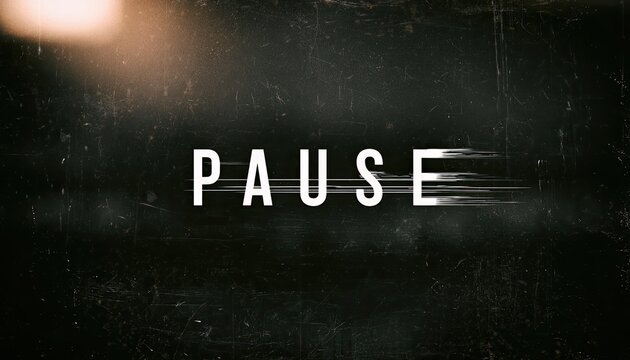White text "PAUSE" centered on a dark, scratched, and textured background with light flares