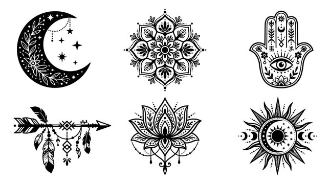 Bohemian Celestial and Spiritual Symbols Collection Moon Mandala Hamsa Arrow Lotus Sun
