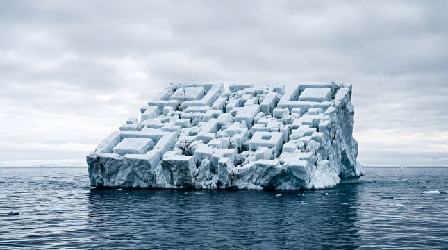 Massive floating iceberg carved into the distinct shape of a square digital quick response barcode floating peacefully in the cold dark blue ocean waters under a cloudy grey polar sky