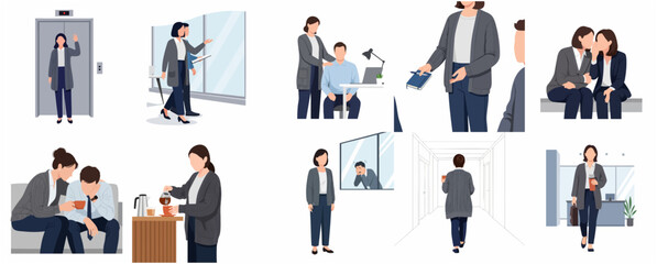 Set of diverse business characters in office scenes illustrating teamwork, stress, empathy, and daily workplace interactions in flat vector style © Mmarshall